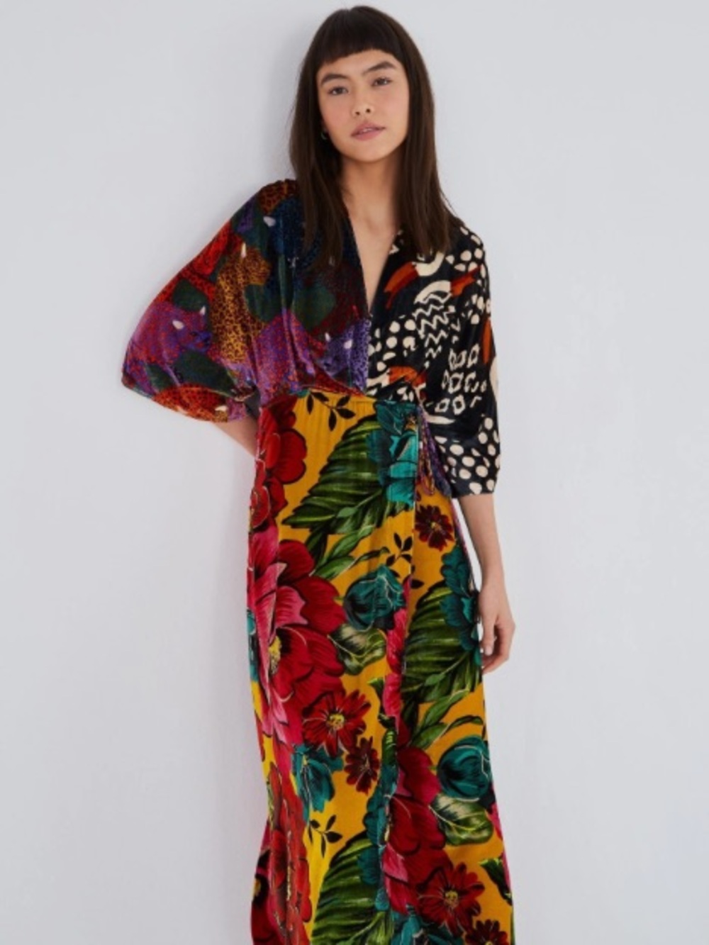 FARM Rio Bold Multicolor Floral Velvet Wrap Maxi Dress